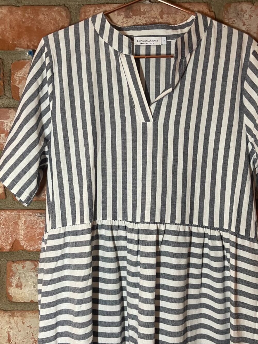 Lungo L’Arno Gray White Striped Tiered Midi Dress Size L Made in Italy - Picture 2 of 8